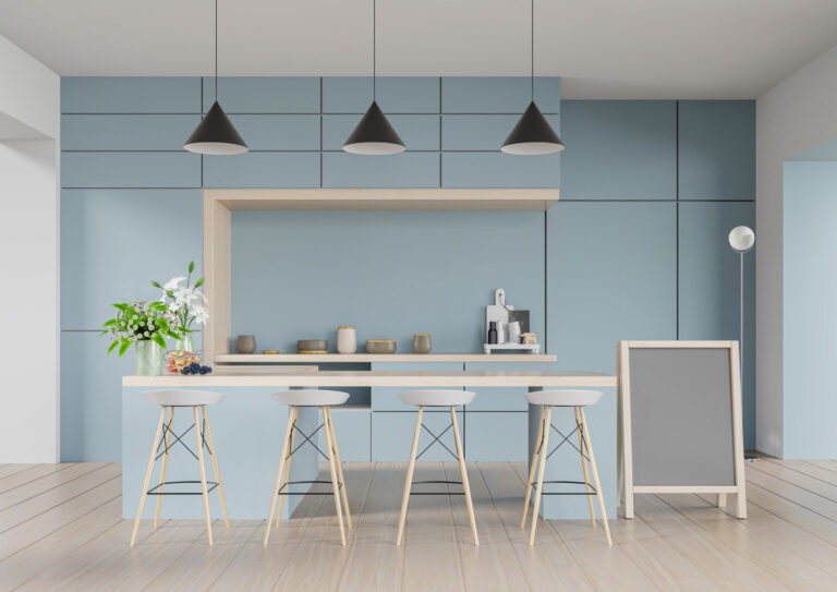 Modern kitchen room interior,Modern restaurant room,Modern coffee shop interior on blue wall background. 3d render