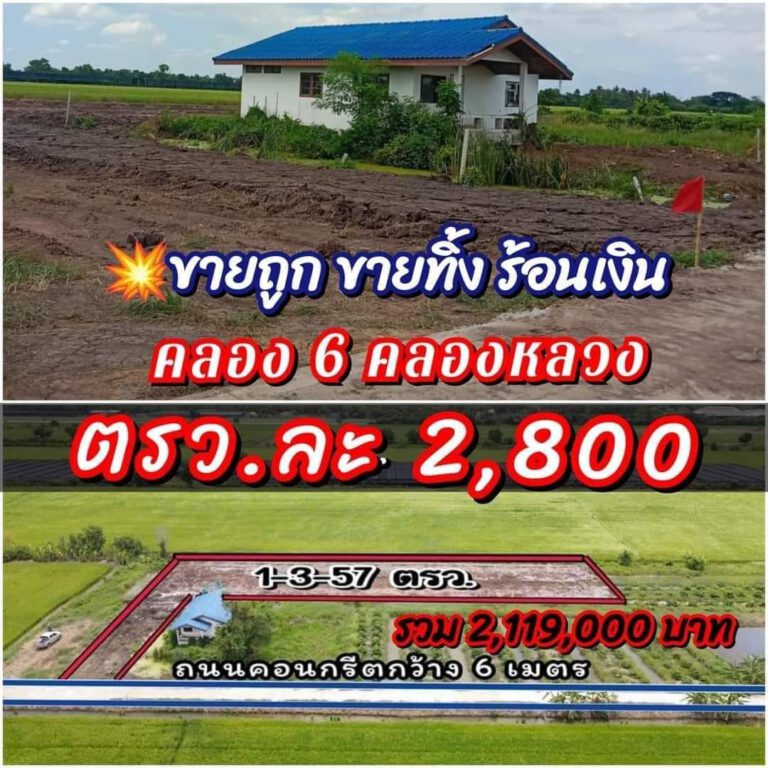 ขายถูกเกือบเท่าราคาประเมิน 
  คลอง 6คลองหลวง
 ประเมิน2,500 ขายตรว.ละ2,800 
 ที่ถ…