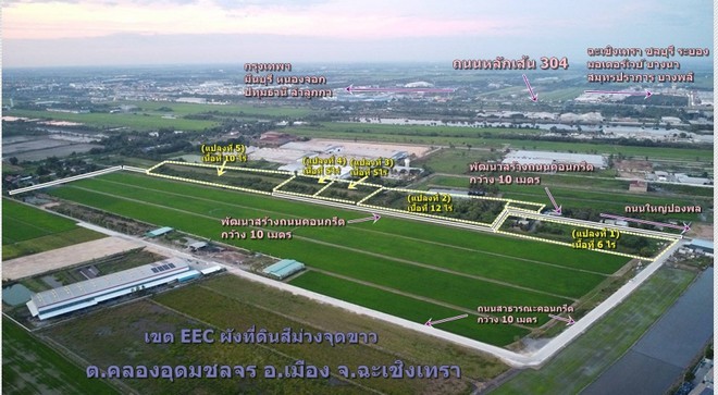 ขายที่ดินถมแล้ว เขต EEC ผังม่วง แปลงสีเหลี่ยมหน้ากว้าง เนื้อที่ 5-12 ไร่ ติดถนนคอนกรีต อ.เมือง ฉะเชิงเทรา สร้างโรงงานได้ทุกประเภท